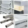 A collage of four images showcasing details of a white sideboard with drawers and LED lighting. Produktbild-Vorschau