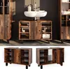 A bathroom vanity with a sink and cabinet, shown in a lifestyle setting and also as separate product shots. Produktbild-Vorschau