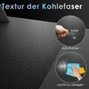 A close-up of a carbon fiber textured surface, with two circular insets demonstrating product features. Produktbild-Vorschau