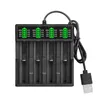A black battery charger with multiple slots and indicator lights is shown against a white background. A USB cable is attached. Produktbild-Vorschau