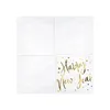 A stack of white paper napkins with gold lettering that says 'Happy New Year' and gold stars. Produktbild-Vorschau