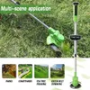 A cordless grass trimmer is shown in use on a lawn, with smaller images below illustrating various applications. Produktbild-Vorschau