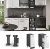 A kitchen scene with cabinets, a sink, an oven, and a dining table, along with separate images of kitchen cabinet legs and a cabinet with a pull-out drawer. Anteprima dell’immagine prodotto