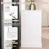 A white cabinet with text overlays highlighting its features. Produktbild-Vorschau