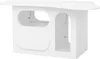 A white, modern coffee table with rounded edges and two open storage compartments and one drawer. Produktbild-Vorschau
