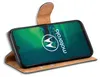 A Motorola smartphone in a brown flip case, displayed at an angle. Produktbild-Vorschau