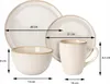 A set of beige and white stoneware dishes with dimensions indicated by arrows and text. Náhled obrázku produktu
