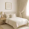 A bedroom scene with a neatly made bed, bedside table with a lamp, and curtains. Produktbild-Vorschau