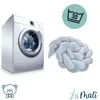 A washing machine and a braided baby bed bumper are shown, along with a laundry care symbol and brand logo. Voir les images du produit