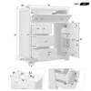 A technical drawing with dimensions of a white bathroom vanity cabinet. Podgląd zdjęcia produktu