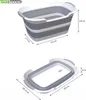 A top-down view of a collapsible basin and a side view of the same basin with dimensions indicated. Voir les images du produit
