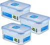 Three clear plastic food containers with blue lids are arranged in a group against a white background. Voir les images du produit