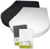Two fitted sheets, one black and one white, are displayed diagonally. In front of them are two folded packages of fitted sheets, one gray and one white, with branding and product information visible. Produktbild-Vorschau
