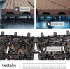 A collage showing different aspects of the tectake garden terrass tiles, including their design, drainage system, and click mechanism. Náhled obrázku produktu
