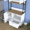 A white and wood-grain cabinet with an open door and drawer, set against a blue wall. Produktbild-Vorschau