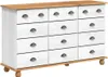 A white dresser with a wooden top and wooden legs, featuring multiple drawers with metal handles, set against a white background. Voir les images du produit