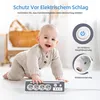 A baby crawling on the floor near a power strip with safety features. Produktbild-Vorschau