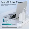 A white USB-C charger is plugged into a power strip and connected to a laptop. Produktbild-Vorschau
