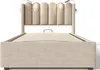 A bed with a headboard and frame, made of beige fabric. Produktbild-Vorschau