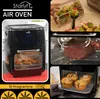 A collage of images showcasing an air oven and its cooking capabilities, including cooking Brussels sprouts, a roast, and muffins. Produktbild-Vorschau