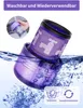 A close-up of a purple vacuum cleaner filter being washed under running water and submerged in water, with a smaller inset image showing a hand rinsing a filter. Text in German indicates the filter is washable and reusable. Produktbild-Vorschau
