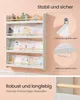 A white children's bookshelf with books and toys on it, mounted on a light pink wall. Diagrams show how to attach it to the wall. Produktbild-Vorschau