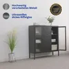 A dark gray metal highboard with glass doors and drawers, displayed in a room setting with a plant. Text overlays describe product features and a quality seal is present. Produktbild-Vorschau