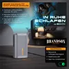 A bedroom scene with a humidifier, a couple sleeping, and marketing text. Produktbild-Vorschau