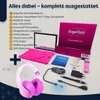 A flat lay of a tablet, headphones, and various accessories, along with a product box and a list of included items. Produktbild-Vorschau
