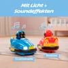 Two toy bumper cars, one blue and one red, are shown on a rug with musical notes floating above them, indicating sound effects. Text overlays highlight features. Produktbild-Vorschau
