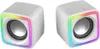 Two white cube-shaped speakers with RGB lighting around the speaker grills, shown against a white background. Náhled obrázku produktu