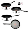 A collage of four images showing different views of a Tefal Jamie Oliver frying pan, including its interior, exterior, and base. Produktbild-Vorschau