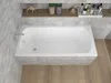 A white bathtub is shown in a bathroom setting with tiled walls and wooden flooring. Produktbild-Vorschau