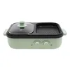 A light green electric hot pot with a grill attachment and a glass lid, shown from the front against a white background. Produktbild-Vorschau