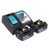 A black Makita battery charger with two 18V Makita batteries. Produktbild-Vorschau