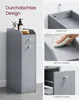 A collage of images showcasing a narrow gray bathroom cabinet with its features highlighted. Produktbild-Vorschau