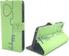 A green flip-style phone case with a blue line drawing of a heart and the words 'be happy' is shown from two angles against a white background. Produktbild-Vorschau