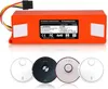 An orange rechargeable lithium-ion battery pack is shown above four different colored robot vacuum cleaners. Náhled obrázku produktu
