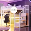 A loft bed with a desk and storage, set in a modern bedroom with purple lighting.