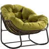 A single olive green papasan chair with a brown rattan base and a dark brown metal frame, isolated on a white background. Produktbild-Vorschau