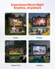 Collage of four images showing an inflatable movie screen being used in different outdoor settings: garden, poolside, outdoor party, and camping. Anteprima dell’immagine prodotto