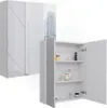 A white high-gloss medicine cabinet with its doors open, displaying shelves with various toiletries. Náhled obrázku produktu