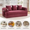 A burgundy sofa bed is shown in a room, with four smaller circular images below showcasing different room settings where the sofa could be used. Produktbild-Vorschau