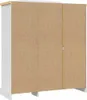 The back view of a white wardrobe with a wooden top. Voir les images du produit