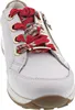 A close-up view of the front of a white leather sneaker with decorative red and floral patterned laces. Produktbild-Vorschau