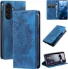 A collage of images showing a blue mandala-patterned phone case for a Samsung Galaxy A36 5G, with different views and angles, including one showing the phone inside and another showing the case open. Produktbild-Vorschau