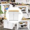 A collage of images showing a white kitchen cart with a wooden countertop in various settings, including outdoors and indoors, with some images showing the cart's interior storage. Náhled obrázku produktu