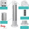 A collage of images showing a white tower fan from different angles and highlighting its features with text overlays. Produktbild-Vorschau