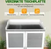 A close-up of a garden cabinet with text overlays highlighting its features. Produktbild-Vorschau