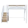 A white metal loft bed with wooden steps and storage compartments is shown against a white background. Náhled obrázku produktu